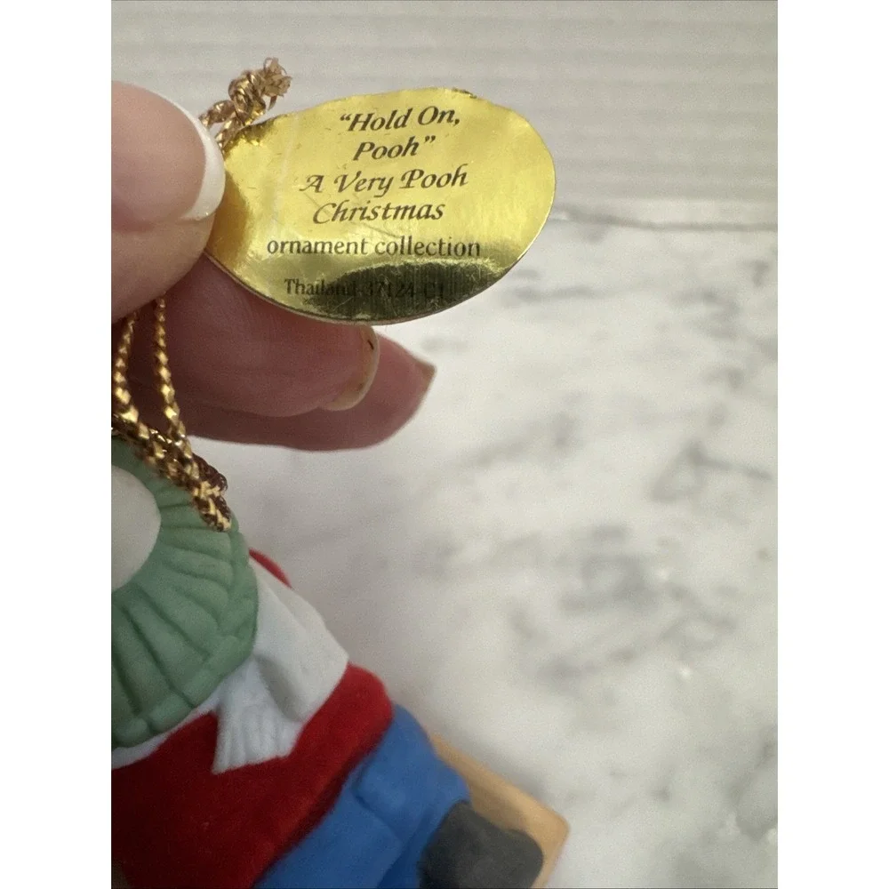 Disney Ashton Drake ornament Hold on Pooh sled ceramic and felt boy sledding‎
